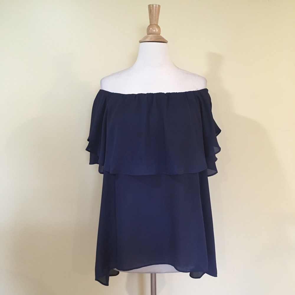 Off Shoulder Ruffled Overlay Tunic Blouse Navy - Picture 5 of 7